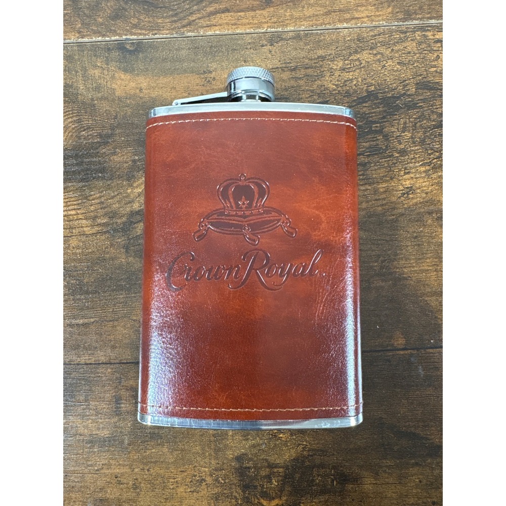 Crown Royal 8oz Stainless Steel Hip Flask Brown Faux Leather Wrapped Embossed